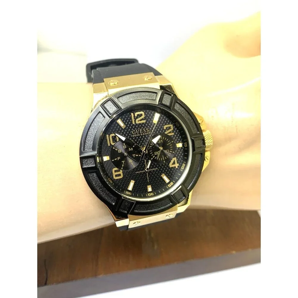 Guess Men's Watch U0247G6 Quartz Black Dial Gold Steel Rubber Strap 45mm